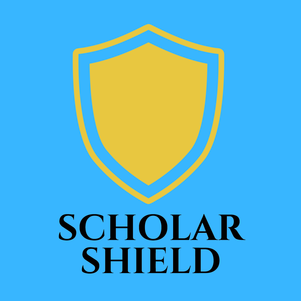 Logo of golden shield on blue background with words "SCHOLAR SHIELD"